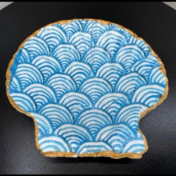 Other - Scalloped Shell Decorated with Blue Seashells Decor/Trinket Dish
